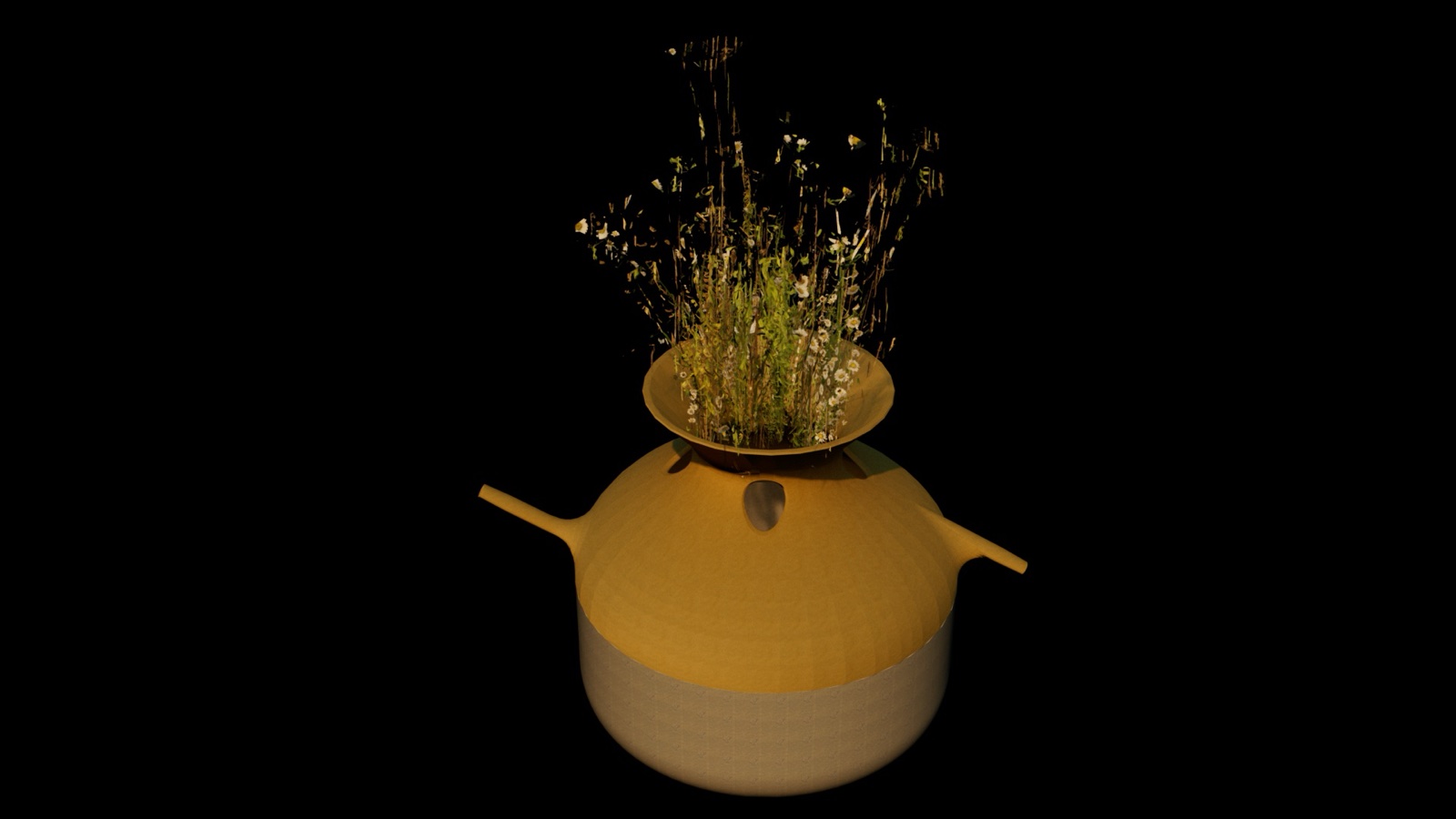 HBPV cell — single textured product render showing gold ceramic body with a hydroponic plant growing through the upper aperture