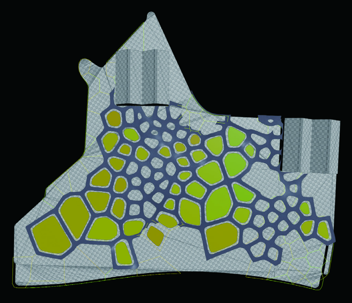 3D form, riverside entrance — bent surface generated from pedestrian flow analysis, showing the canopy as it appears from the river side of the site