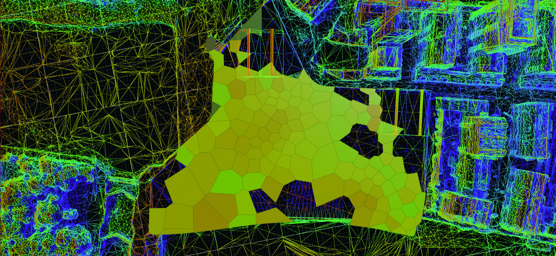Solar radiation colour map — yellow zones receive sufficient light for hydroponic cultivation; blue and green zones either fall short or exceed plant tolerance and are reallocated as glass-roofed offices or closed off