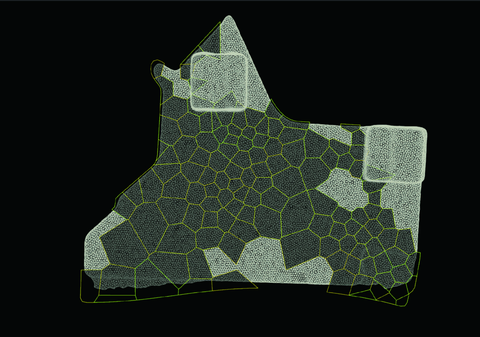 Variant 206 — the selected footprint, Voronoi cells across the site with activity zones marked in light against the structural fabric