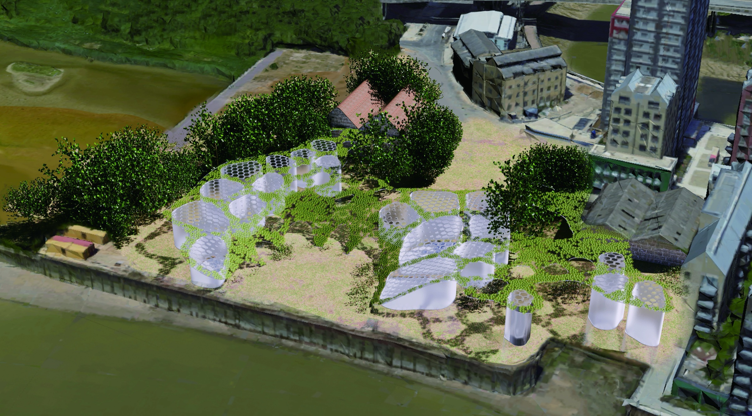 Hydro-Plantéa Atrium — bio-integrated canopy on the Thames Iron Works site
