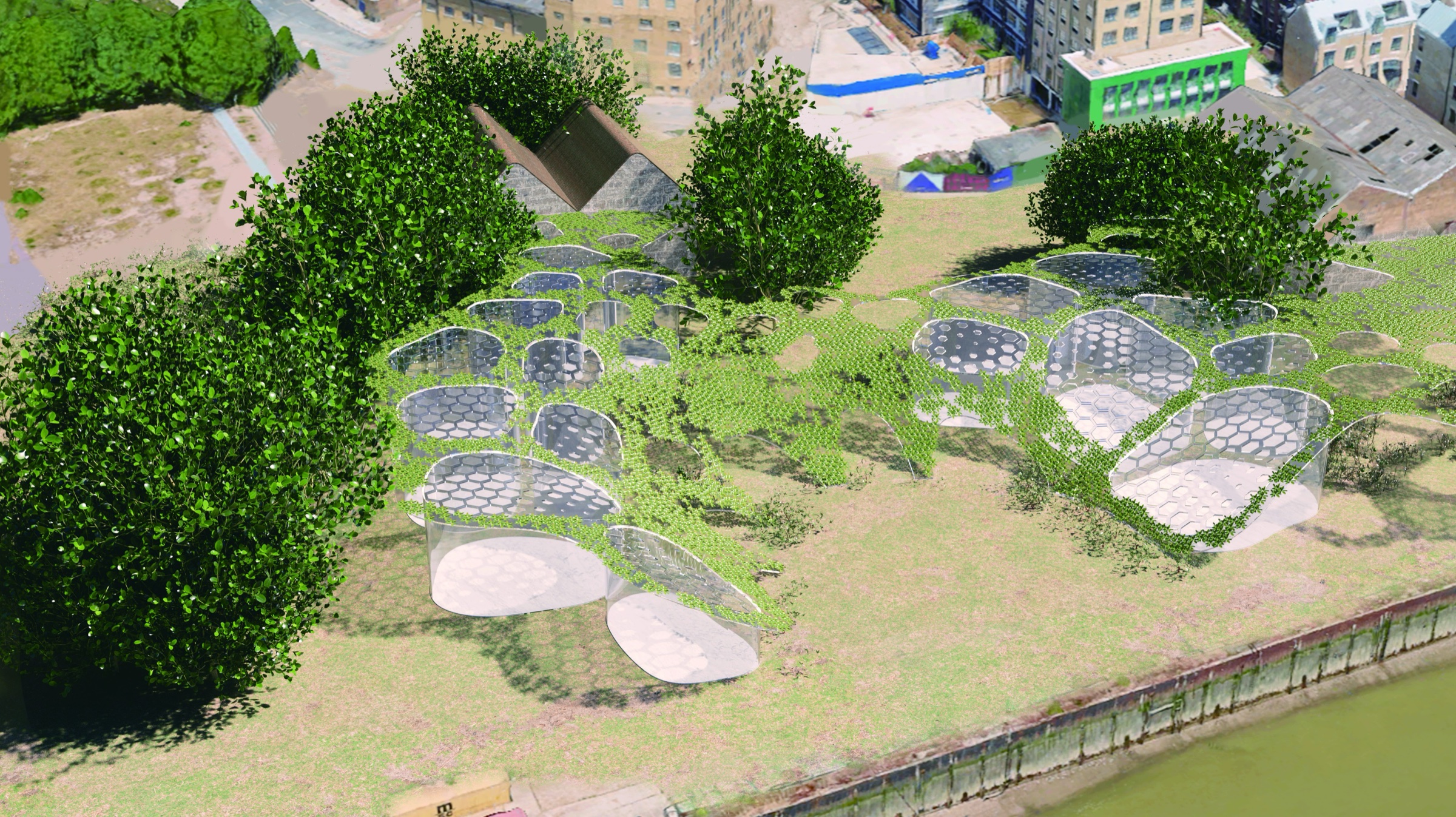 Hydro-Plantéa Atrium — alternative aerial rendering showing the canopy nested between existing trees and the riverside, with the preserved warehouse roofs visible to the north