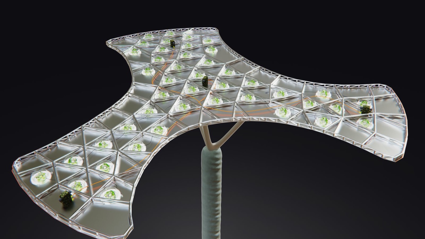Cell cluster mounted on a central column — fabric-wrapped column carries a tile of 18 HBPV cells, each housing a hydroponic plant; orange nutrient lines route across the tile, framed in a brushed-steel mesh