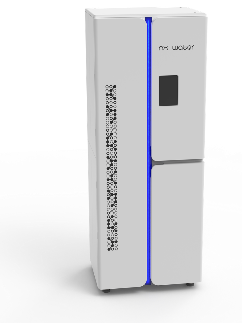 NX Water Villa unit — three-quarter perspective showing dimensionality, surface treatment, and the volumetric form of the patented filter housing.
