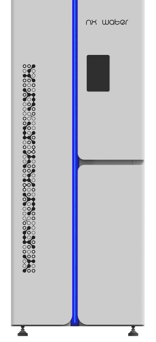 NX Water Villa unit — front elevation. Cabinet body with the NX Water brand pattern integrated as a vertical strip on the door, central display, pull-out drawer, and the patented filter housing visible in the lower portion.
