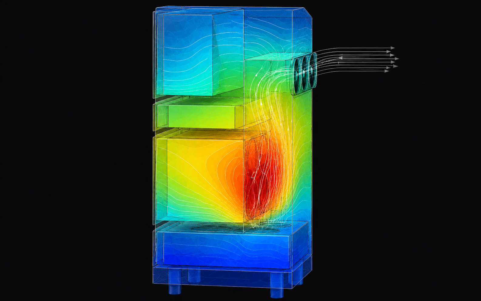 CFD thermal-simulation result for the ozone-generator enclosure — heat distribution gradient showing hotspot in the lower-middle electrode zone, with airflow streamlines rising and exiting through the side exhaust