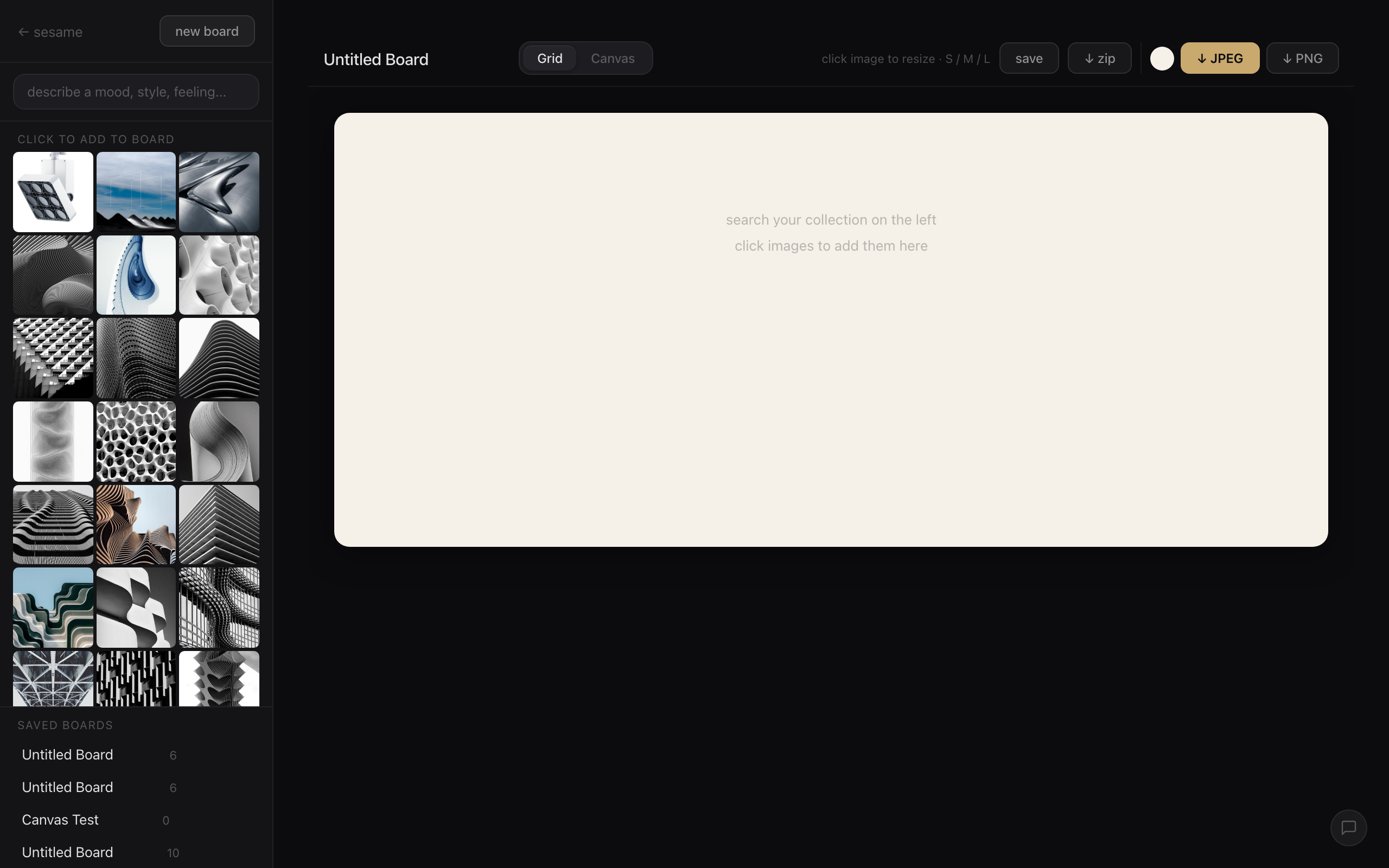 Sesame — moodboard builder canvas