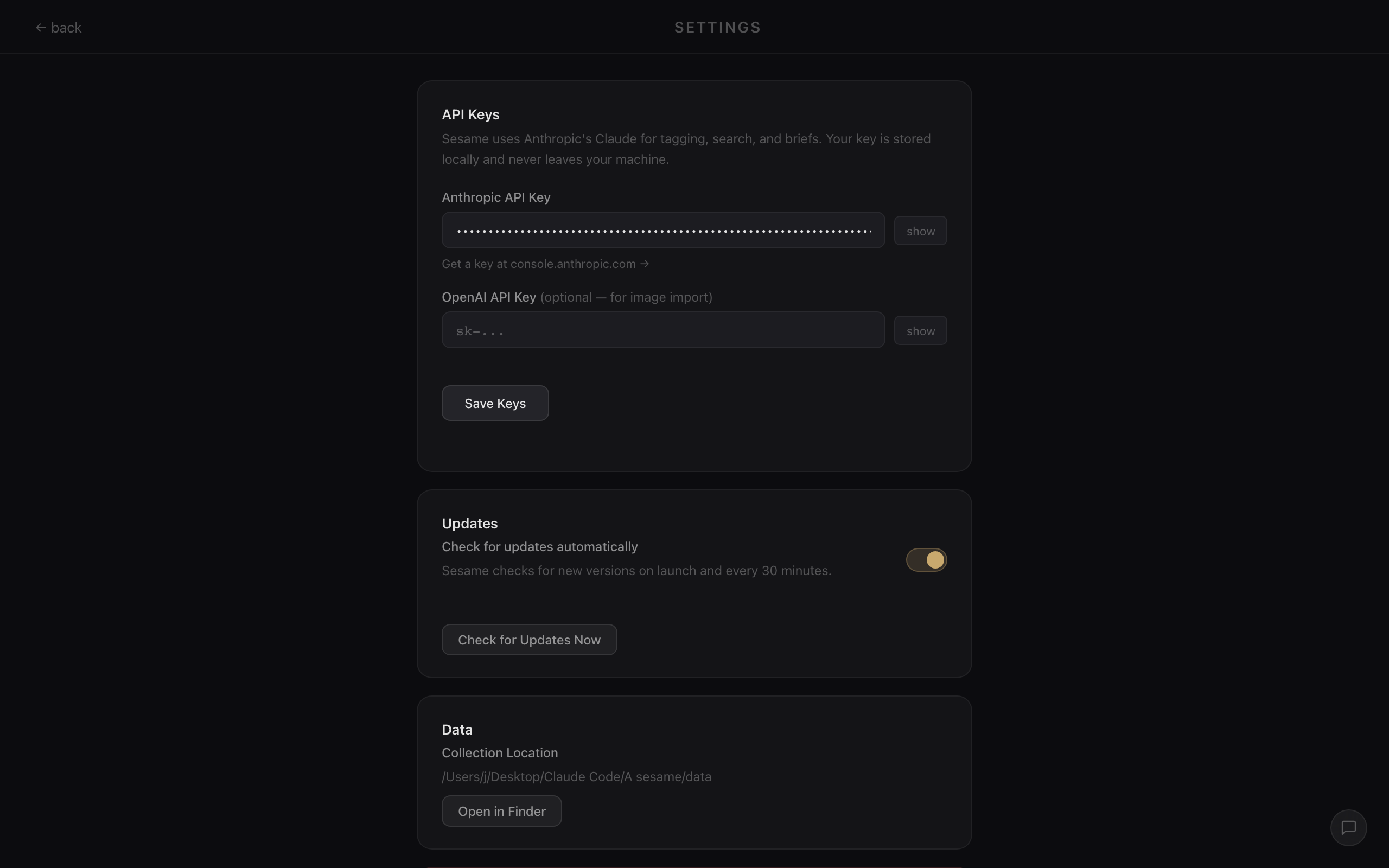 Sesame — settings panel