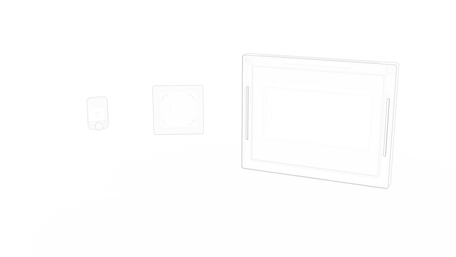 SOGES hub set — three hub sizes (S, M, L) scaled to room dimensions, shown side by side