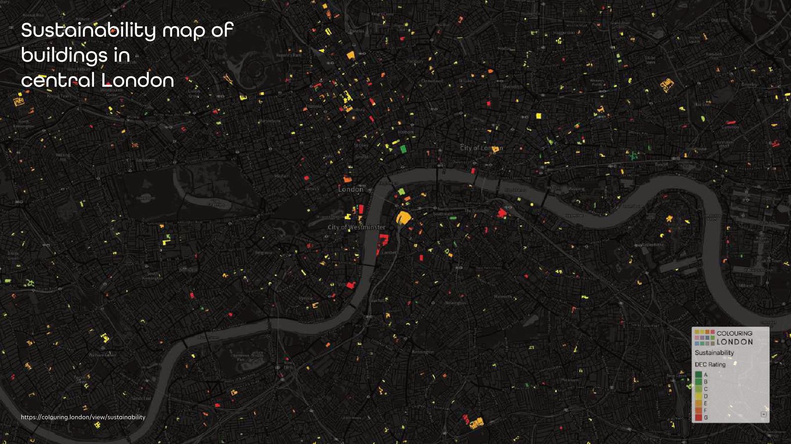 London sustainability map — building type, occupancy, and energy-rating data layered for siting small-scale urban turbines (colouring.london dataset)