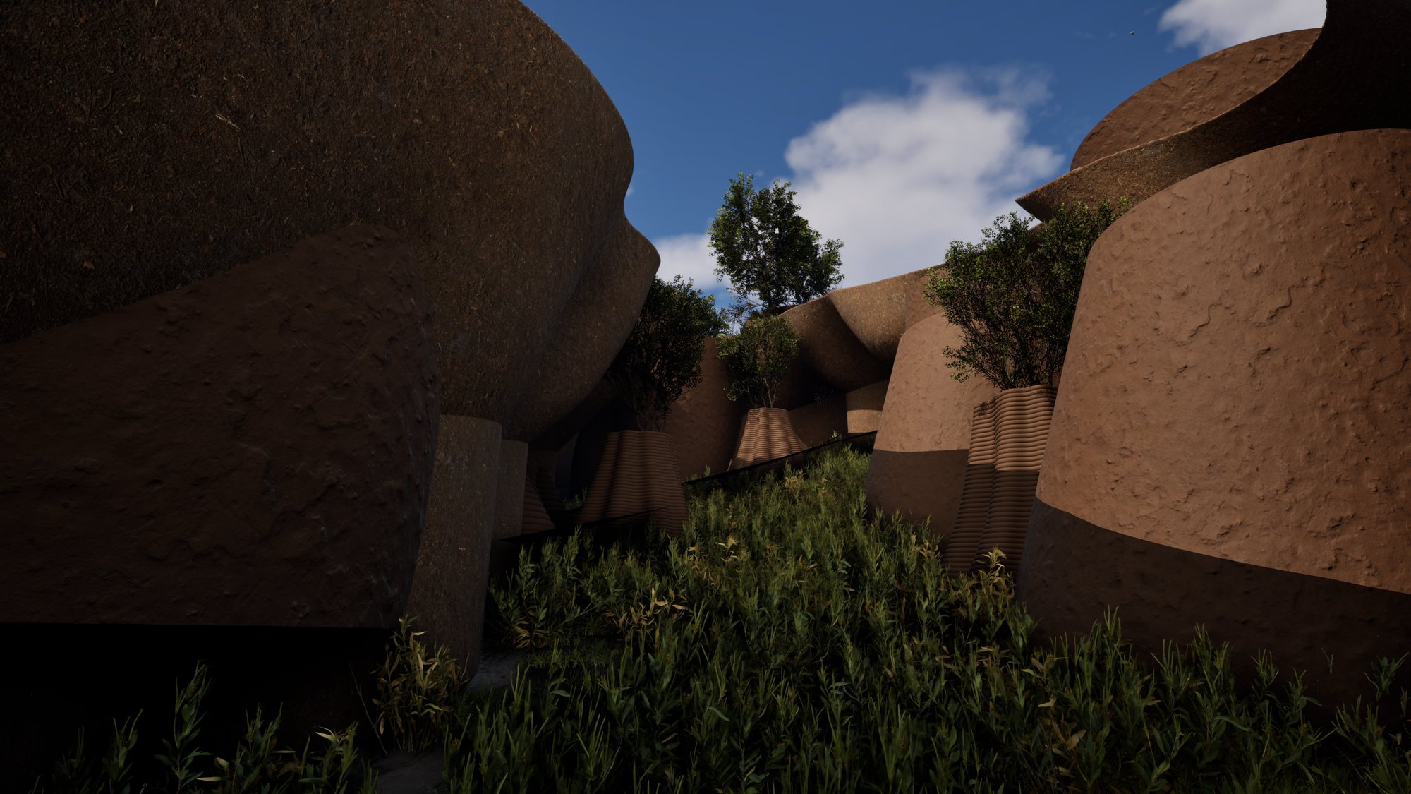 Trace Terra courtyard render — the printed clay cluster seen from within, pioneer vegetation establishing between the forms