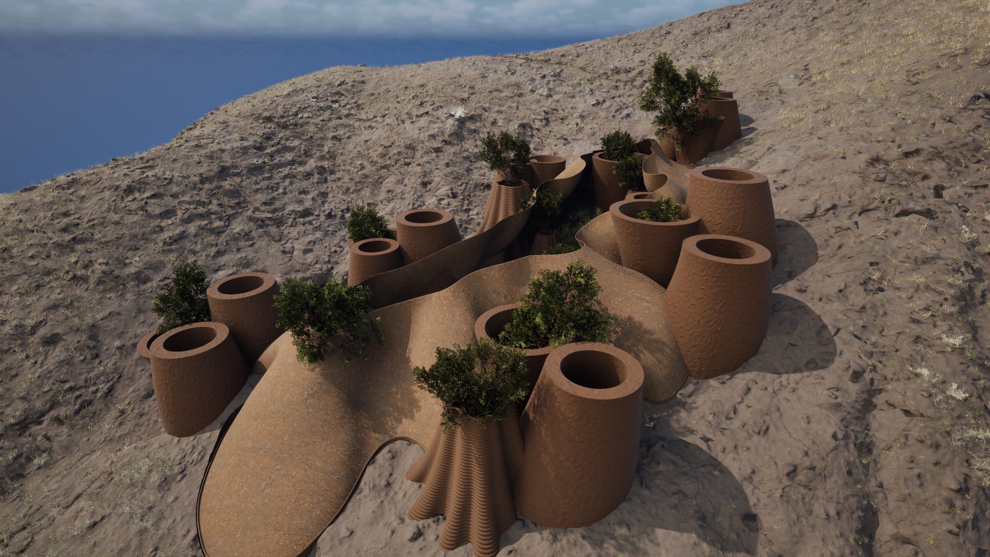 Trace Terra — robotically printed clay vessels seeded with biological soil crust on the Tabernas slope