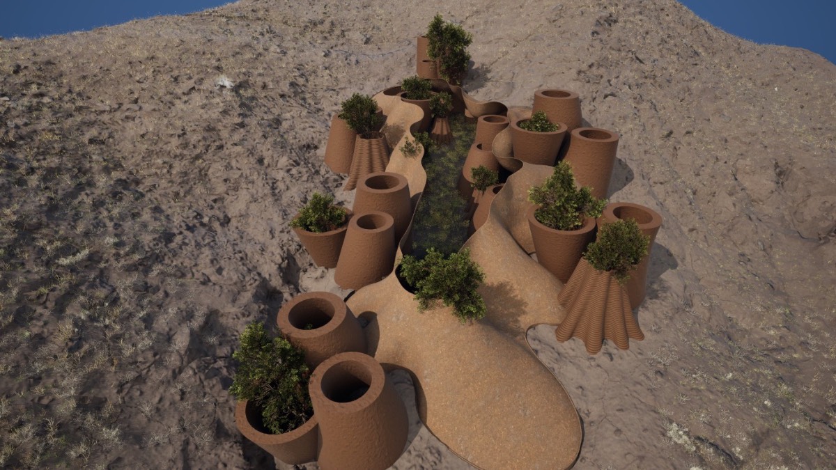 Trace Terra — printed clay vessels seeded with biological soil crust on the Tabernas slope