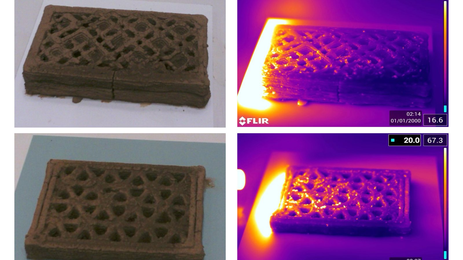 Four-panel FLIR thermal comparison — diamond-infill brick vs reference brick, top and bottom rows across exposure sequence